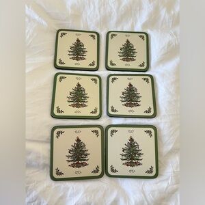 Pimpernel | Set Of 6 | Spode Christmas Tree Coasters Green Trim Cork Backing